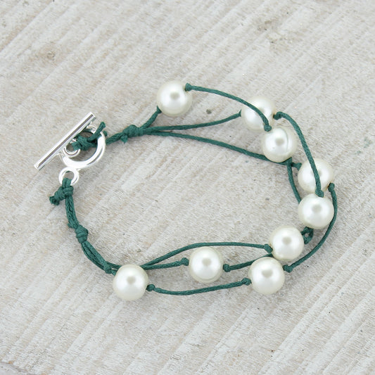 Green cord & faux pearl toggle bracelet