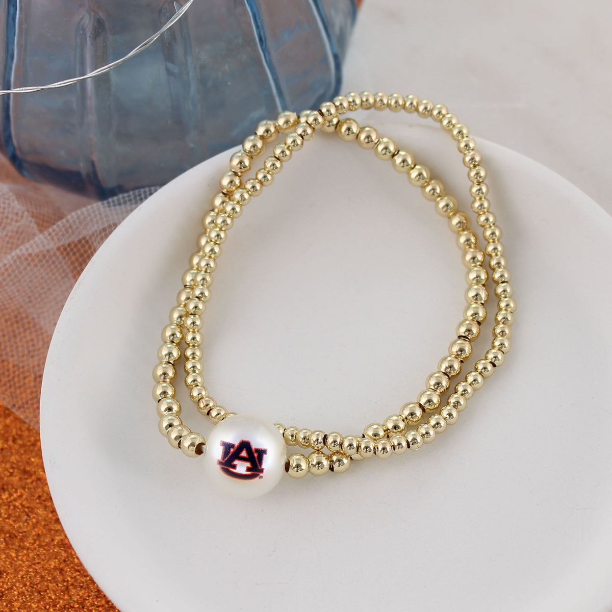 Auburn Gold & Pearl Logo Stretch Bracelet Set