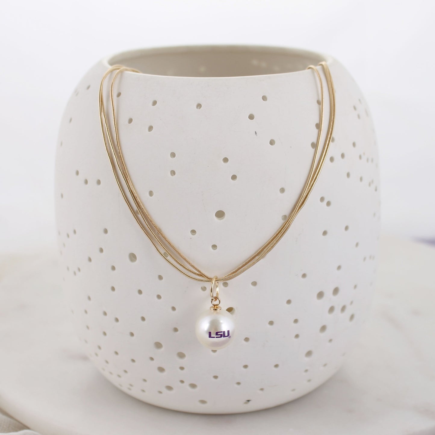 18" LSU Gold & Pearl Logo 3-Strand Necklace