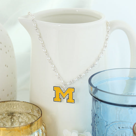 Michigan Enamel Logo & White Iridescent Bead Necklace
