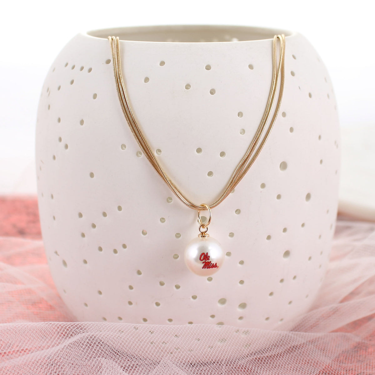 18" Mississippi Gold & Pearl Logo 3-Strand Necklace