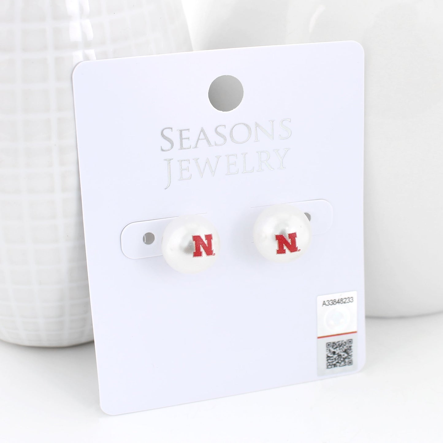 Nebraska Logo Pearl Stud Earrings