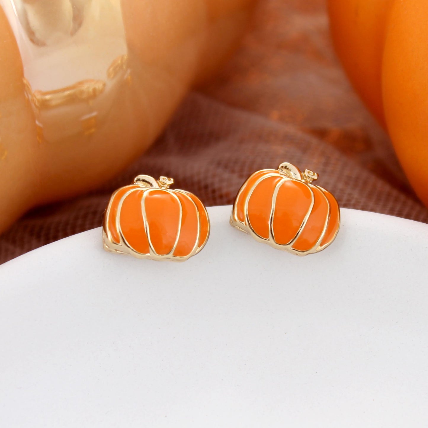 Orange & Gold Enamel Fall Pumpkin Stud Earrings
