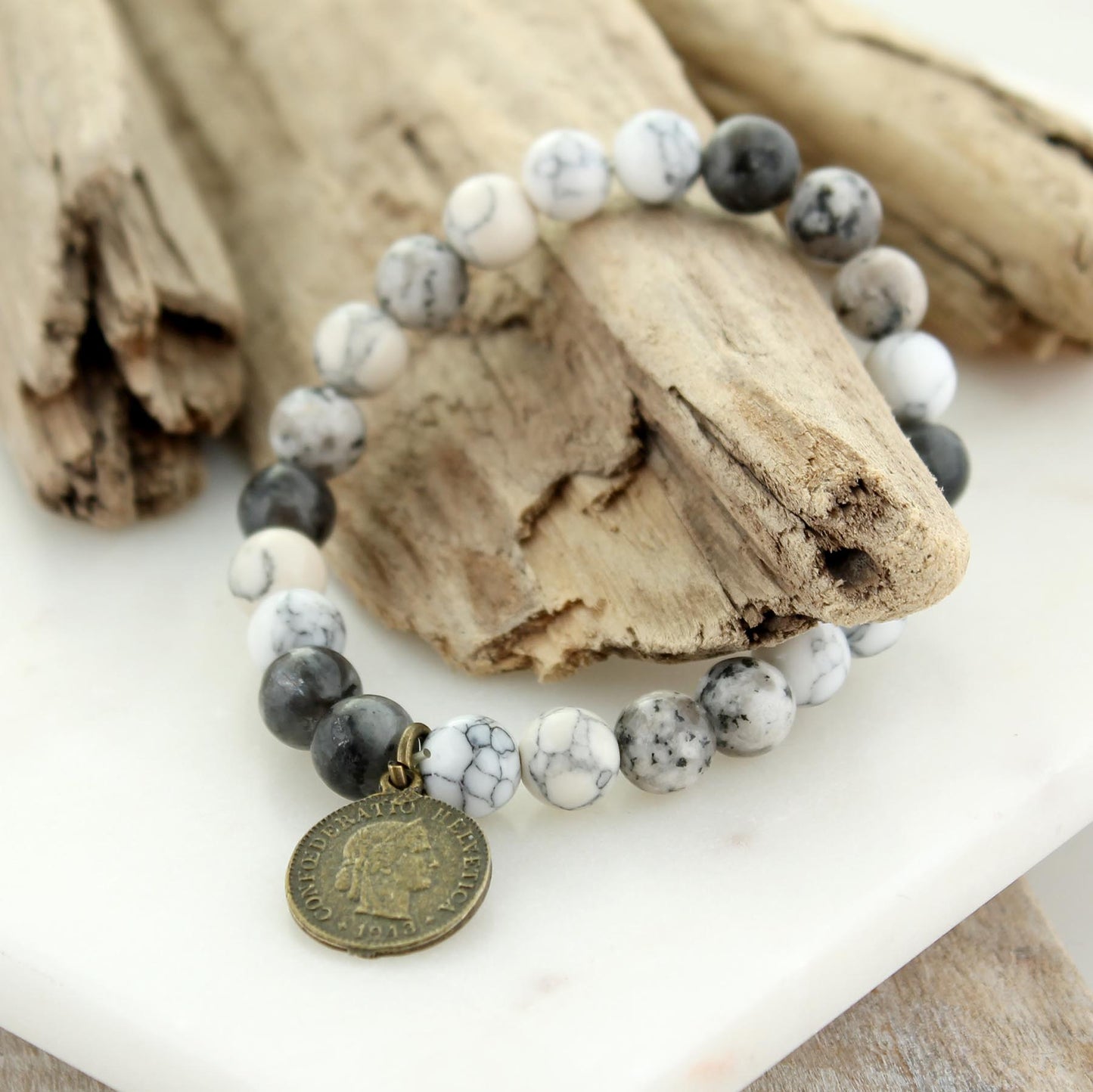 Gray Stone Bead Stretch Bracelet