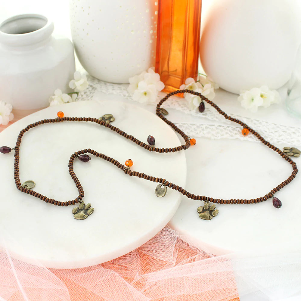Clemson Wood Bead Stretch Necklace - Fan Sparkle