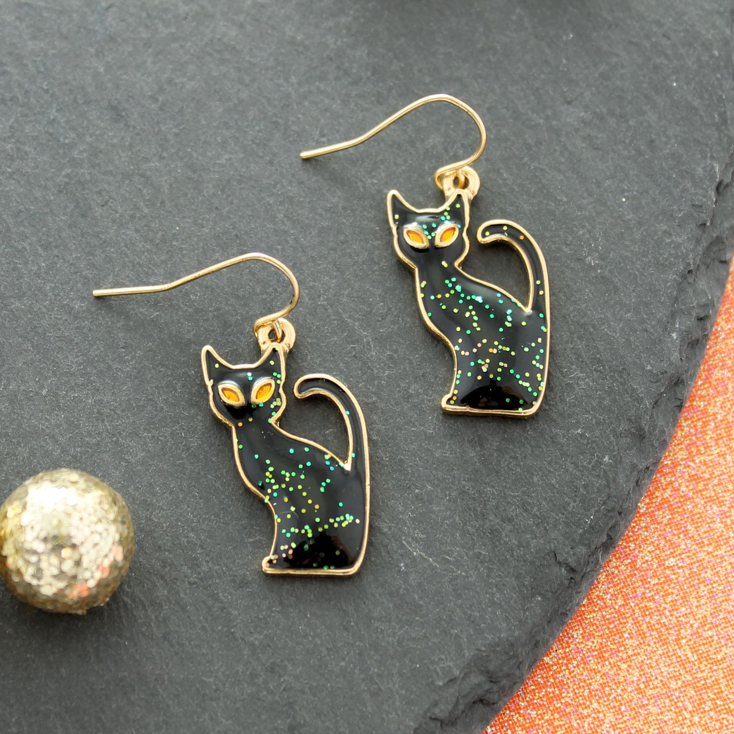 Glitter Enamel Black Cat Halloween Earrings
