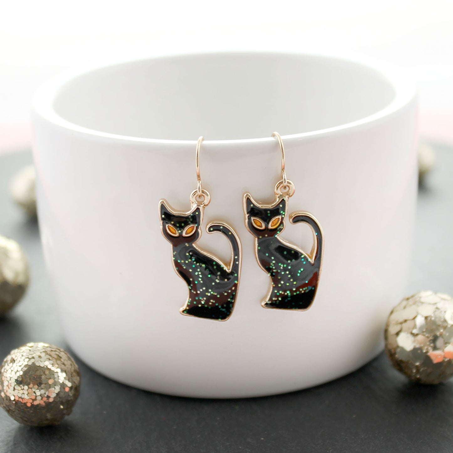 Glitter Enamel Black Cat Halloween Earrings