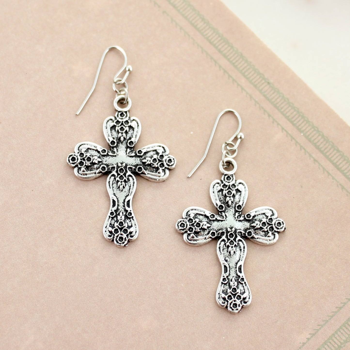 Antique Silver Cross & Pearl Earrings