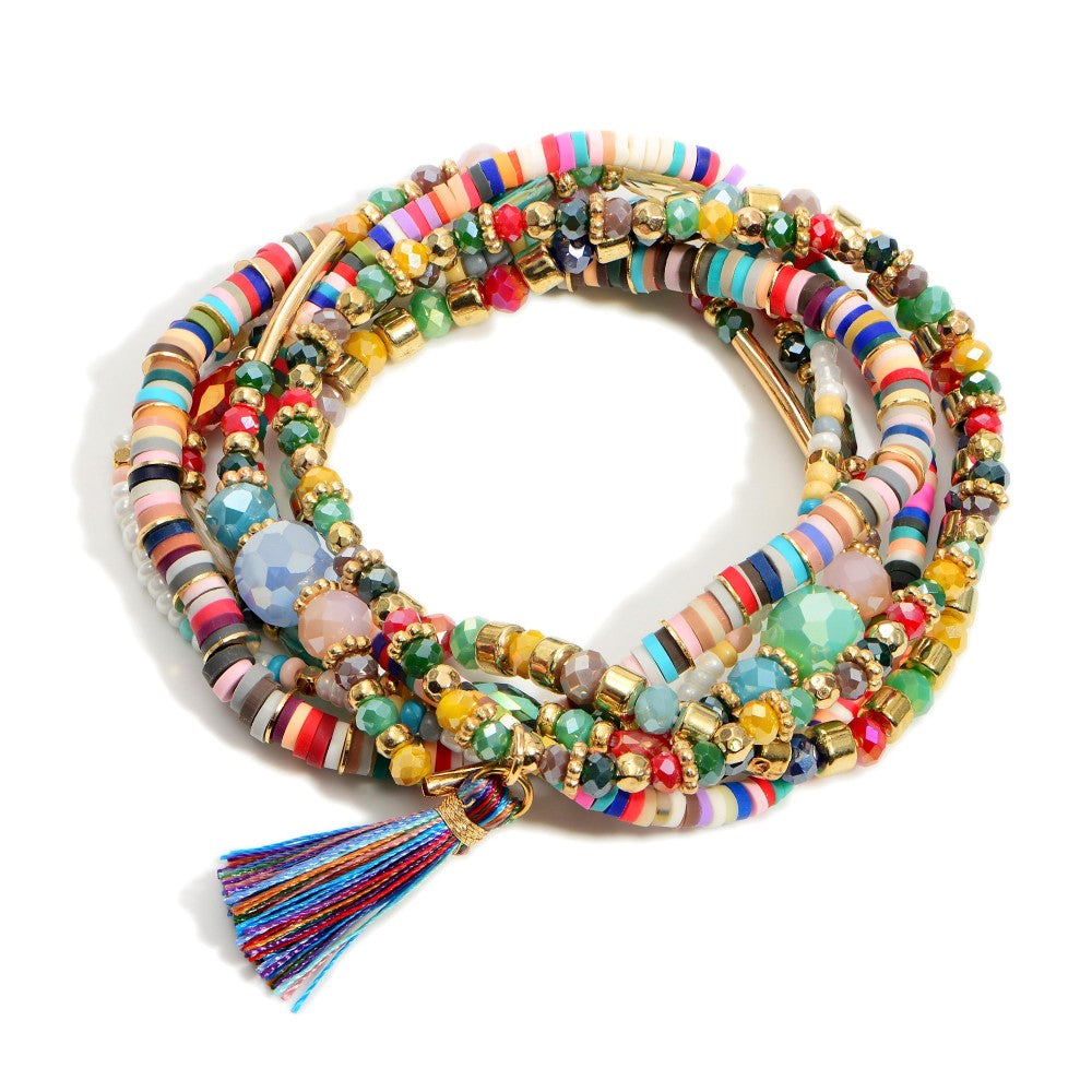 Multi Heishi Beaded Stretch Bracelet with Tassel - Fan Sparkle