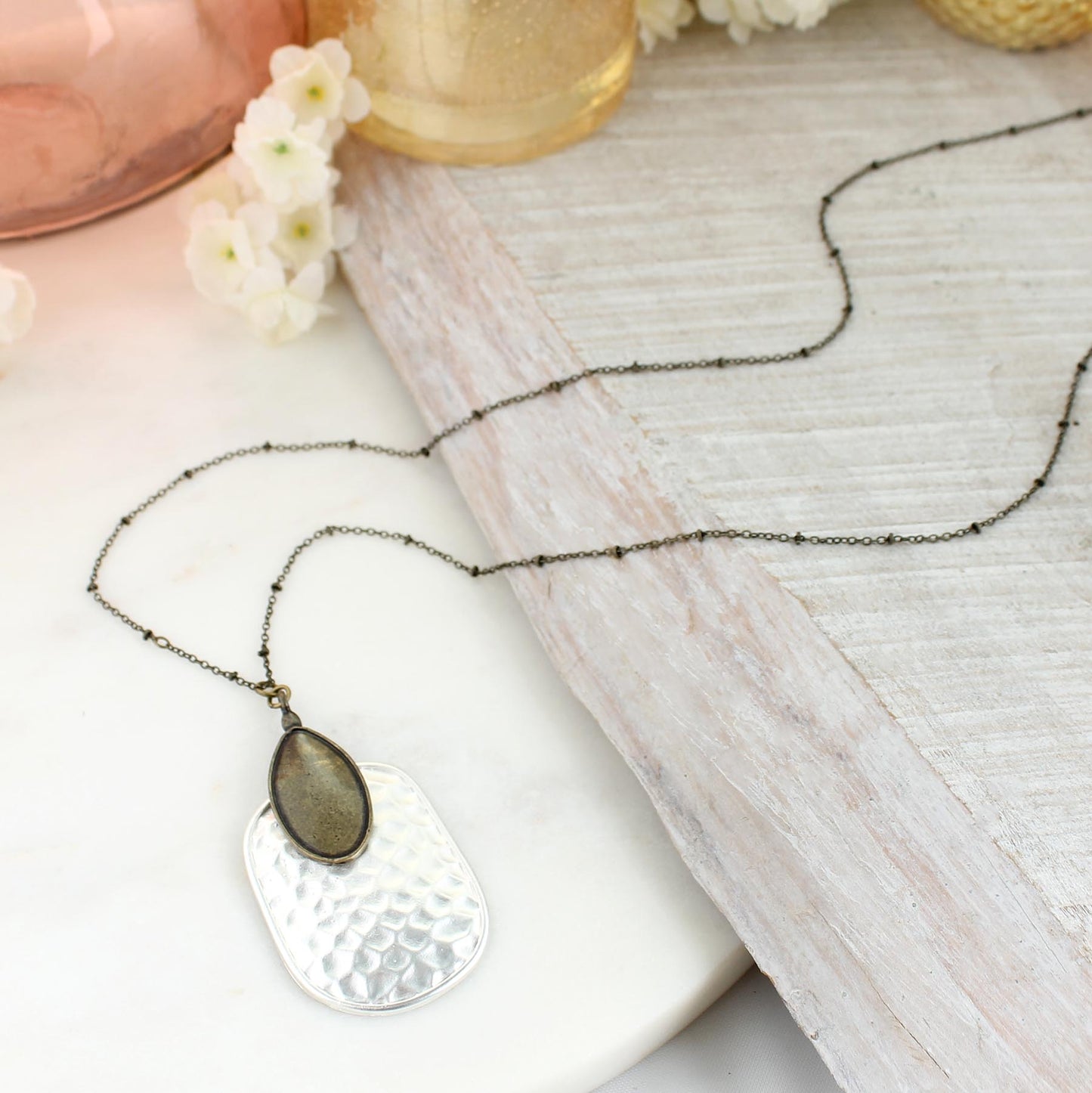 34” Vintage & Matte Silver Hammered Pendant Necklace