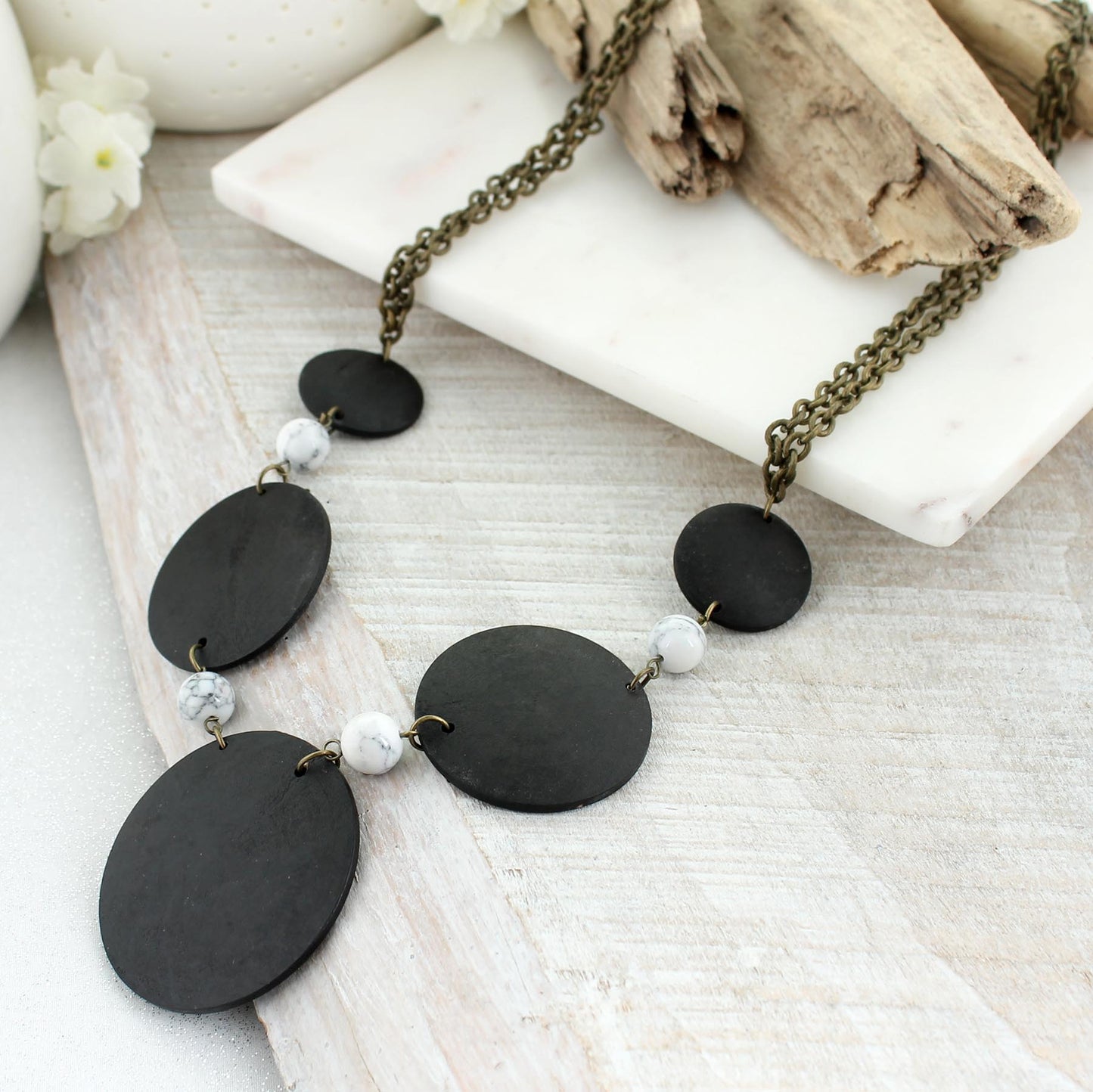 24” Dark Wood Circle & Marble Stone Bead Necklace