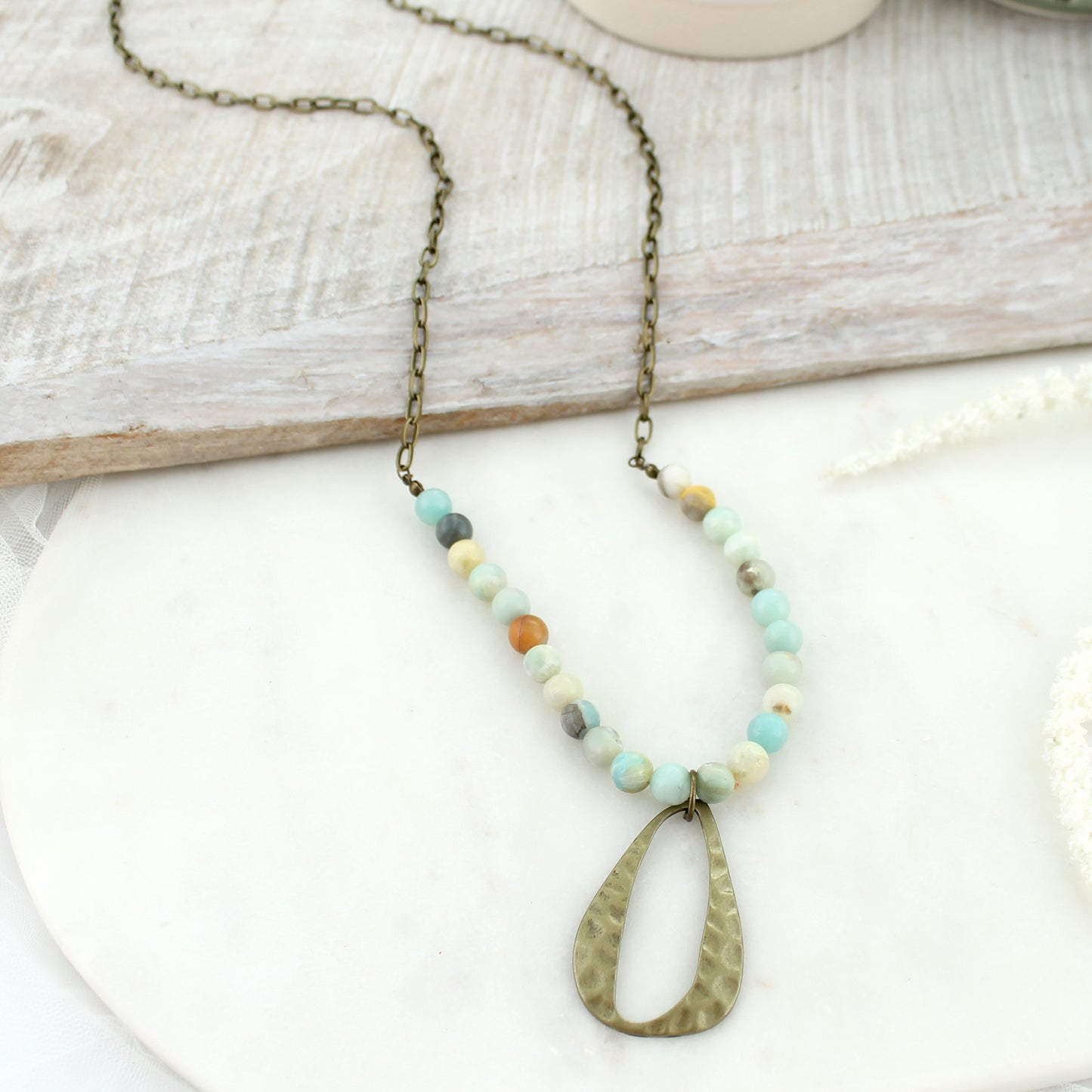 36” Hammered Oval & Stone Bead Necklace