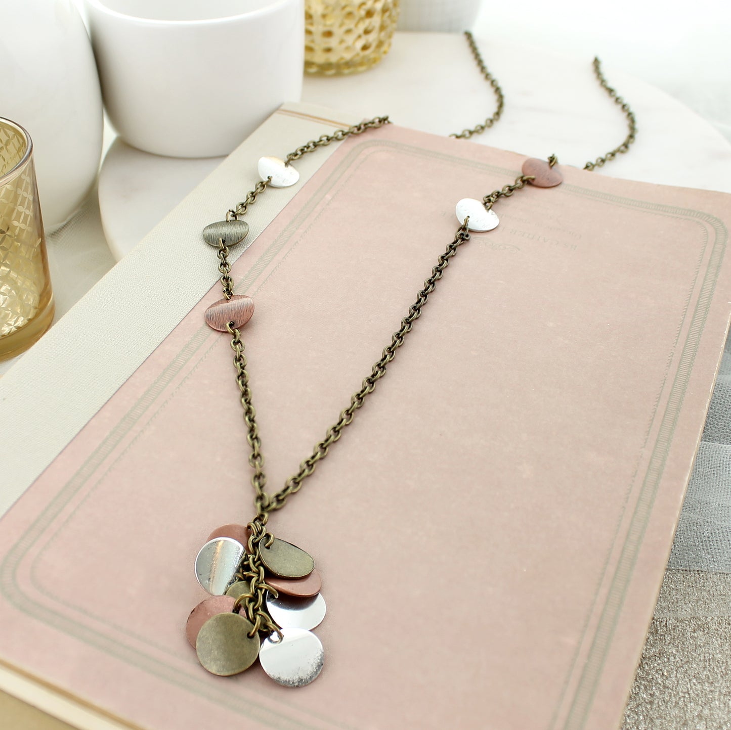 35” Mixed Metal Disc Cluster Necklace