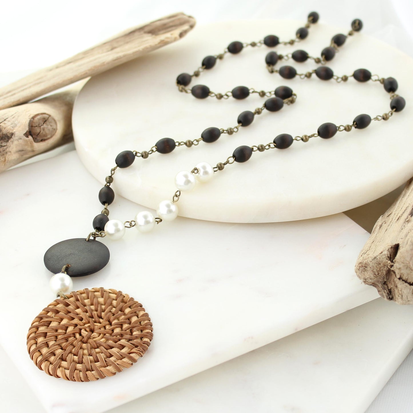 34” Dark Wood Bead Necklace w/ Wicker Pendant & Pearl Beads