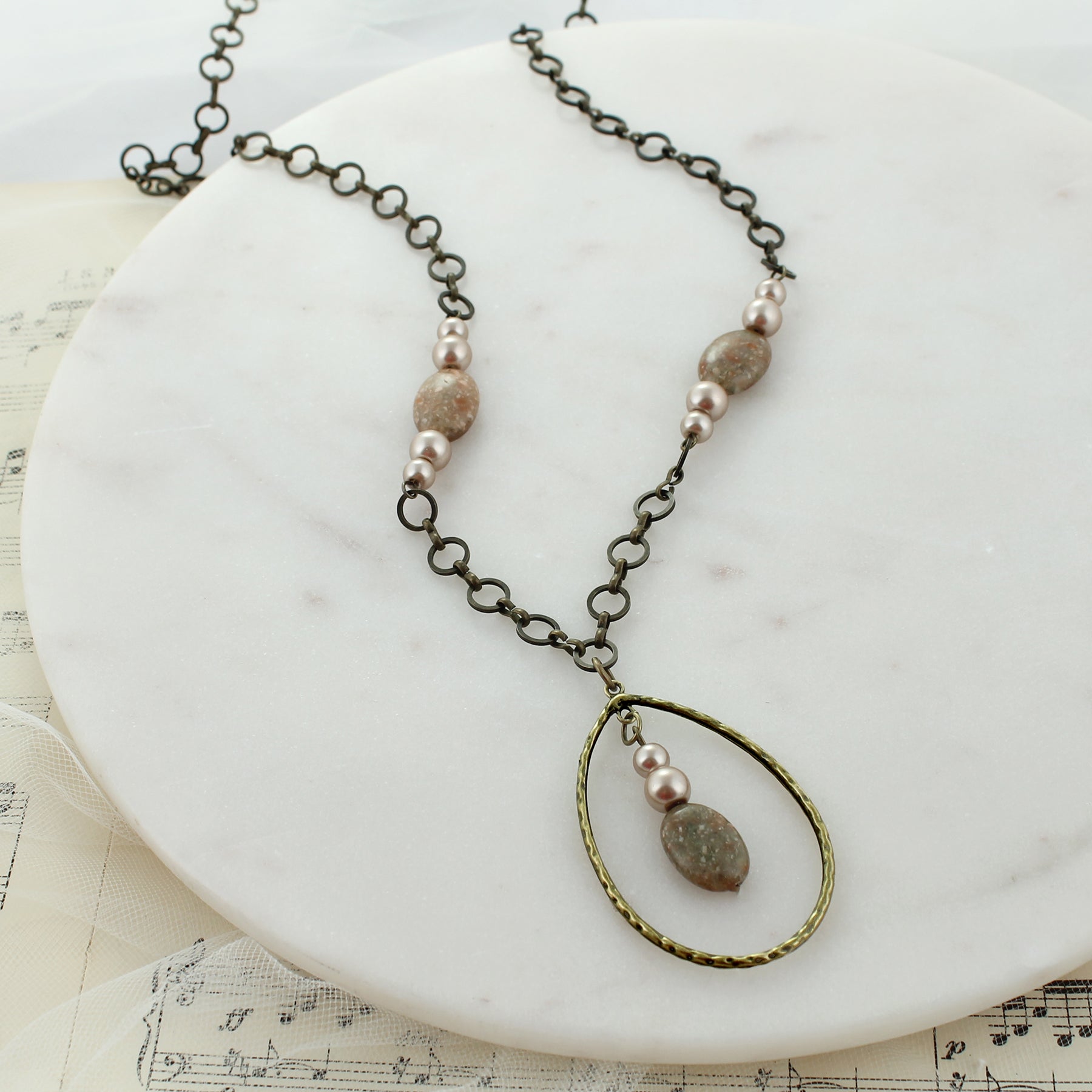 34” Blush Stone & Pearl Necklace w/Teardrop Pendant