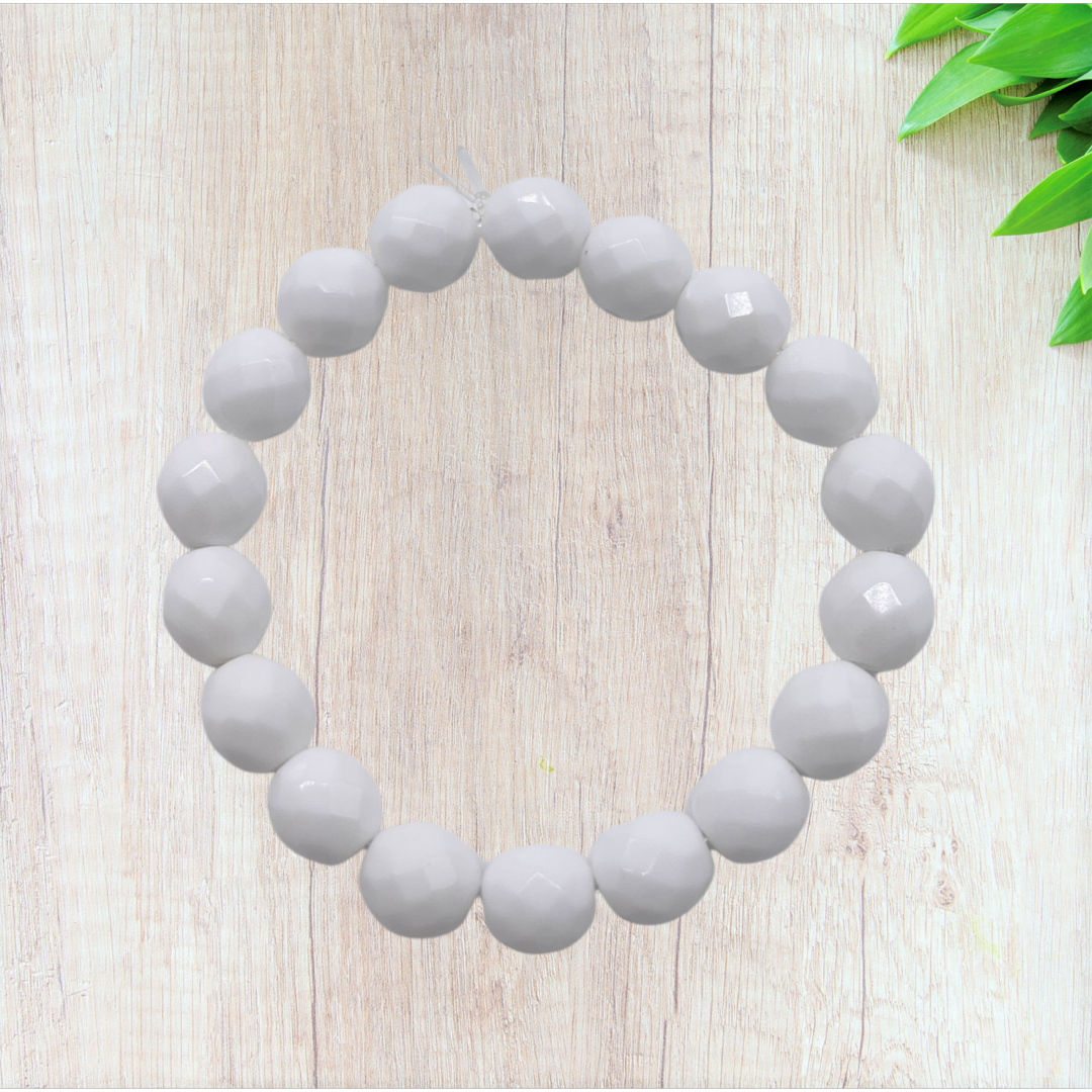 Opaque White Czech Glass Stretch Bracelet - Fan Sparkle