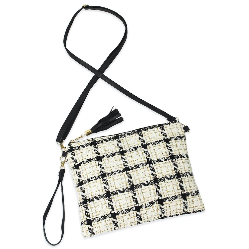 White Tweed Plaid Crossbody Bag - Fan Sparkle