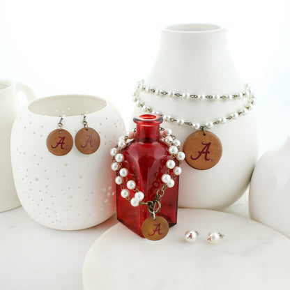 34” Alabama Logo Pearl & Wood Disc Necklace