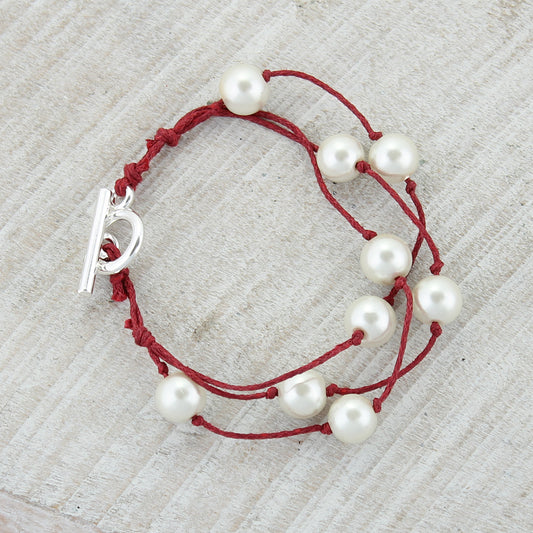 Crimson Cord & Pearl Toggle Bracelet