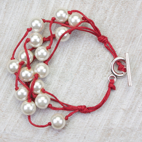 Red Cord & Pearl Toggle Bracelet
