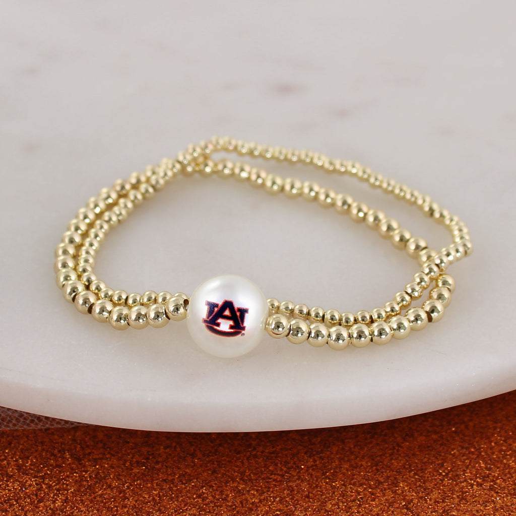 Auburn Gold & Pearl Logo Stretch Bracelet Set