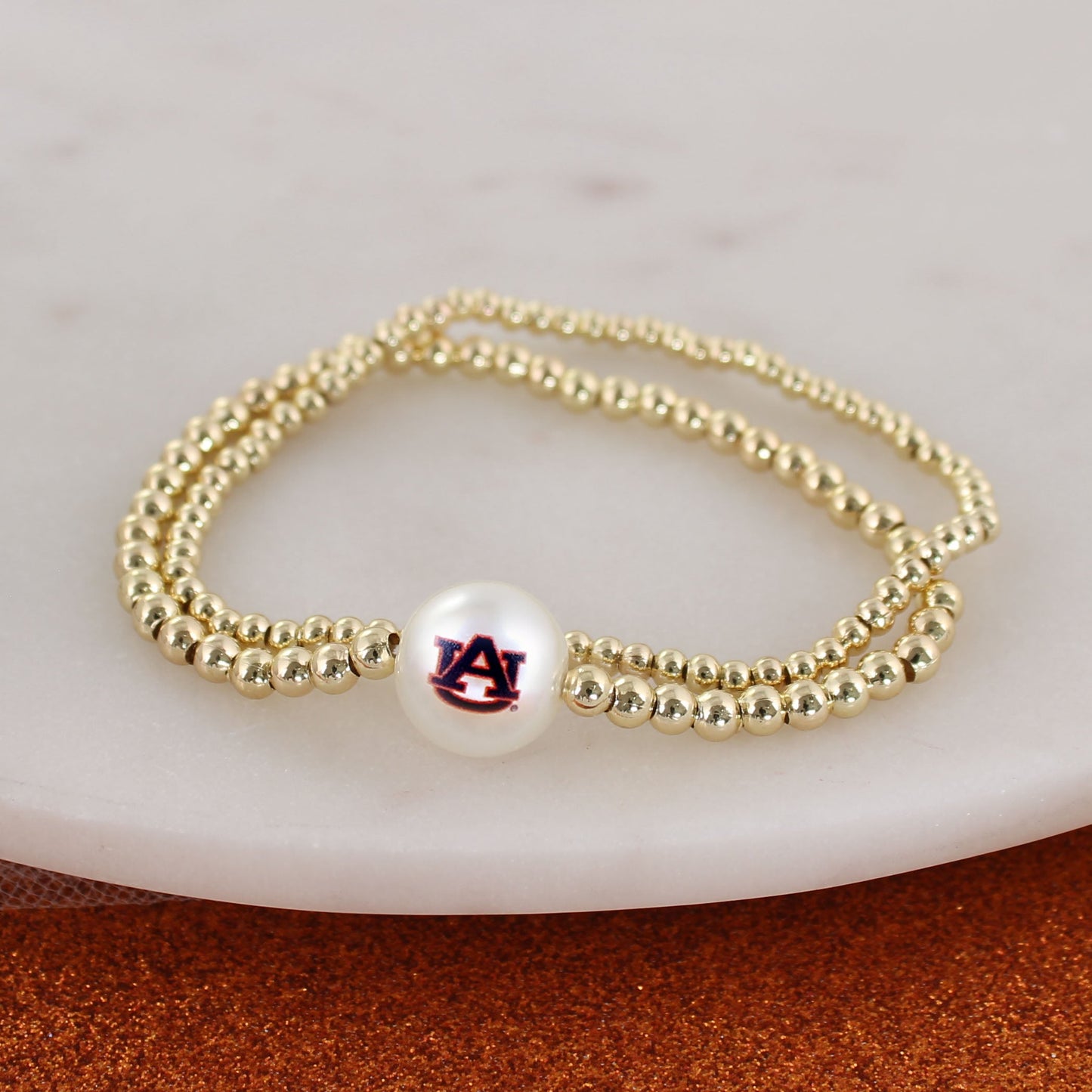 Auburn Gold & Pearl Logo Stretch Bracelet Set