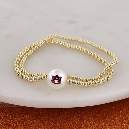 Auburn Gold & Pearl Logo Stretch Bracelet Set