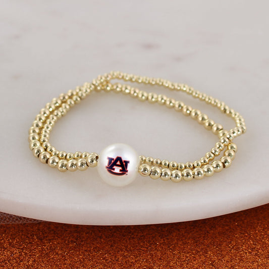 Auburn Gold & Pearl Logo Stretch Bracelet Set