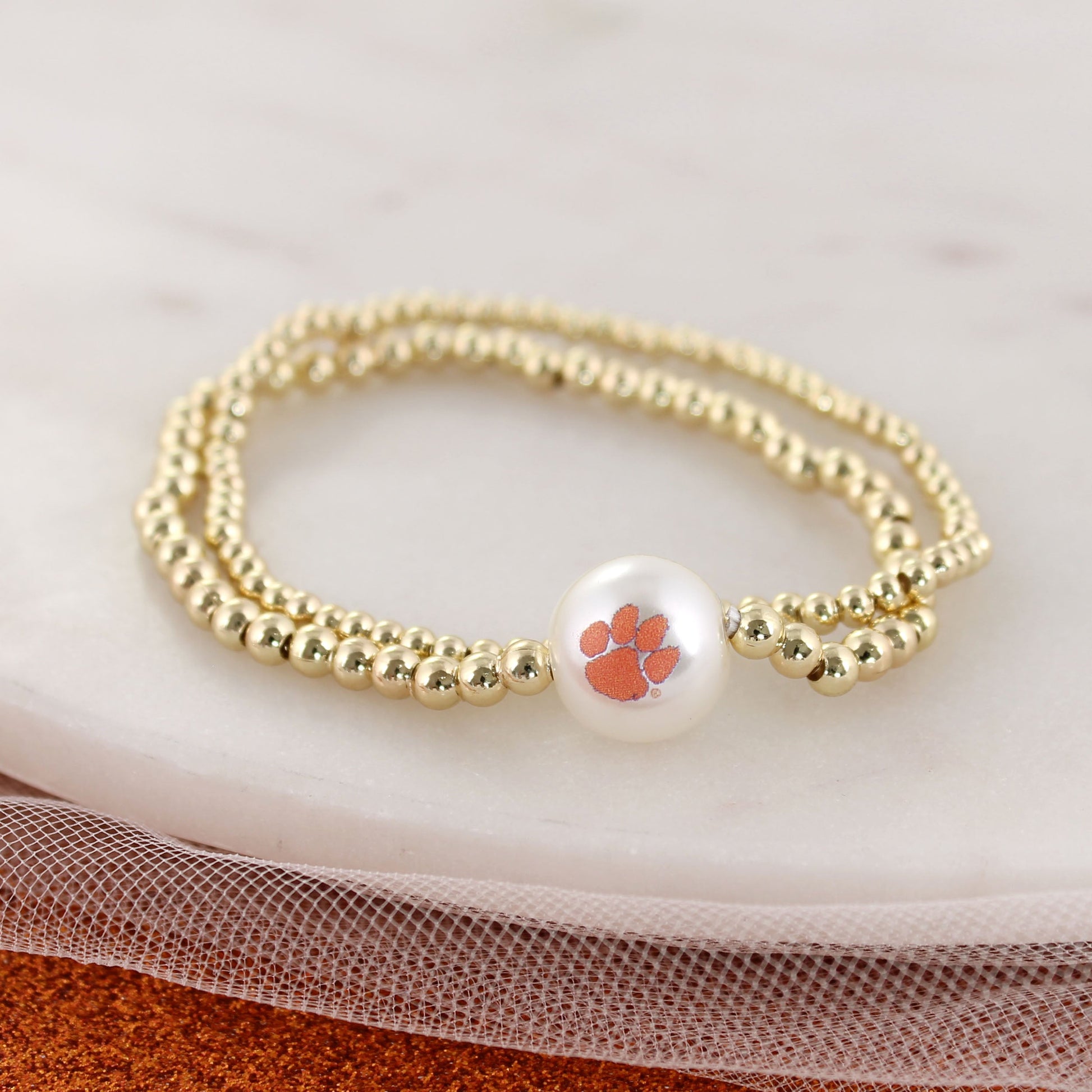 Clemson Gold & Pearl Logo Stretch Bracelet Set