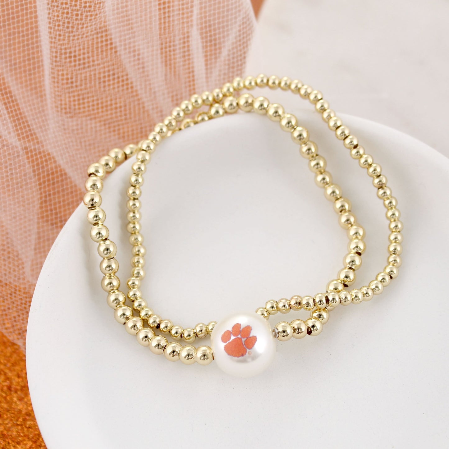 Clemson Gold & Pearl Logo Stretch Bracelet Set