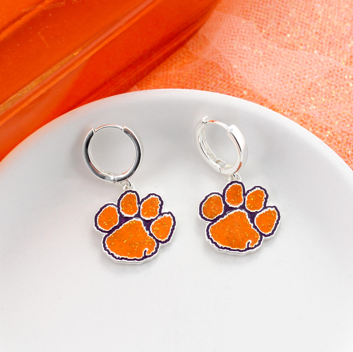 Clemson Glitter Enamel Logo Huggie Hoop Earrings