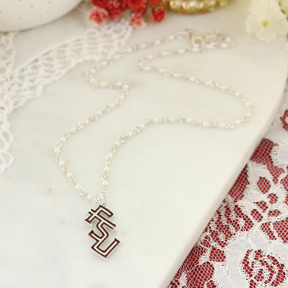 Florida State Enamel Logo & White Iridescent Bead Necklace