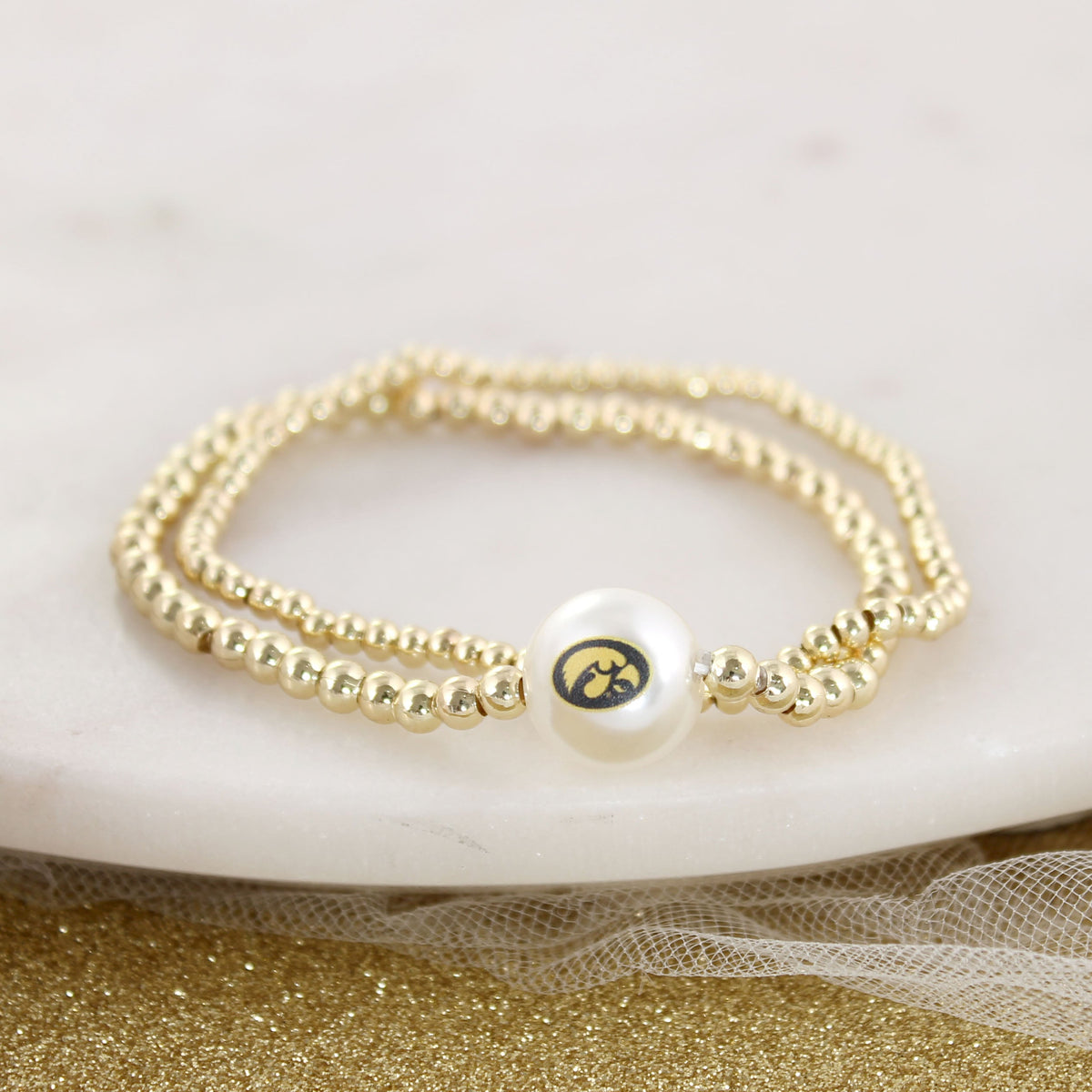 Iowa Gold & Pearl Logo Stretch Bracelet Set
