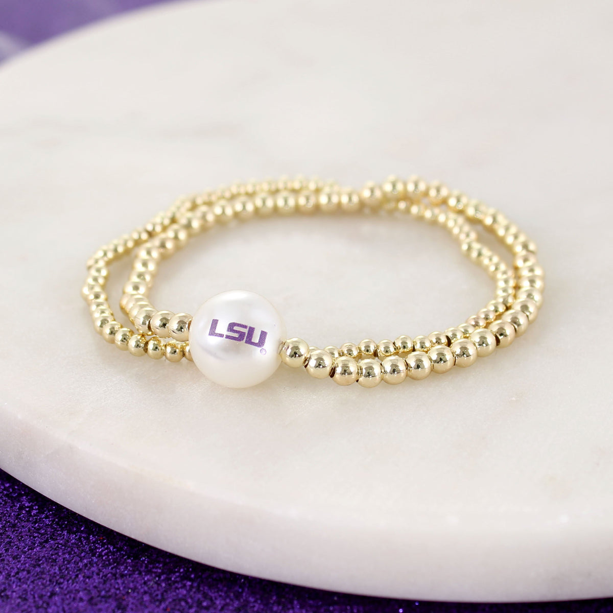LSU Gold & Pearl Logo Stretch Bracelet Set