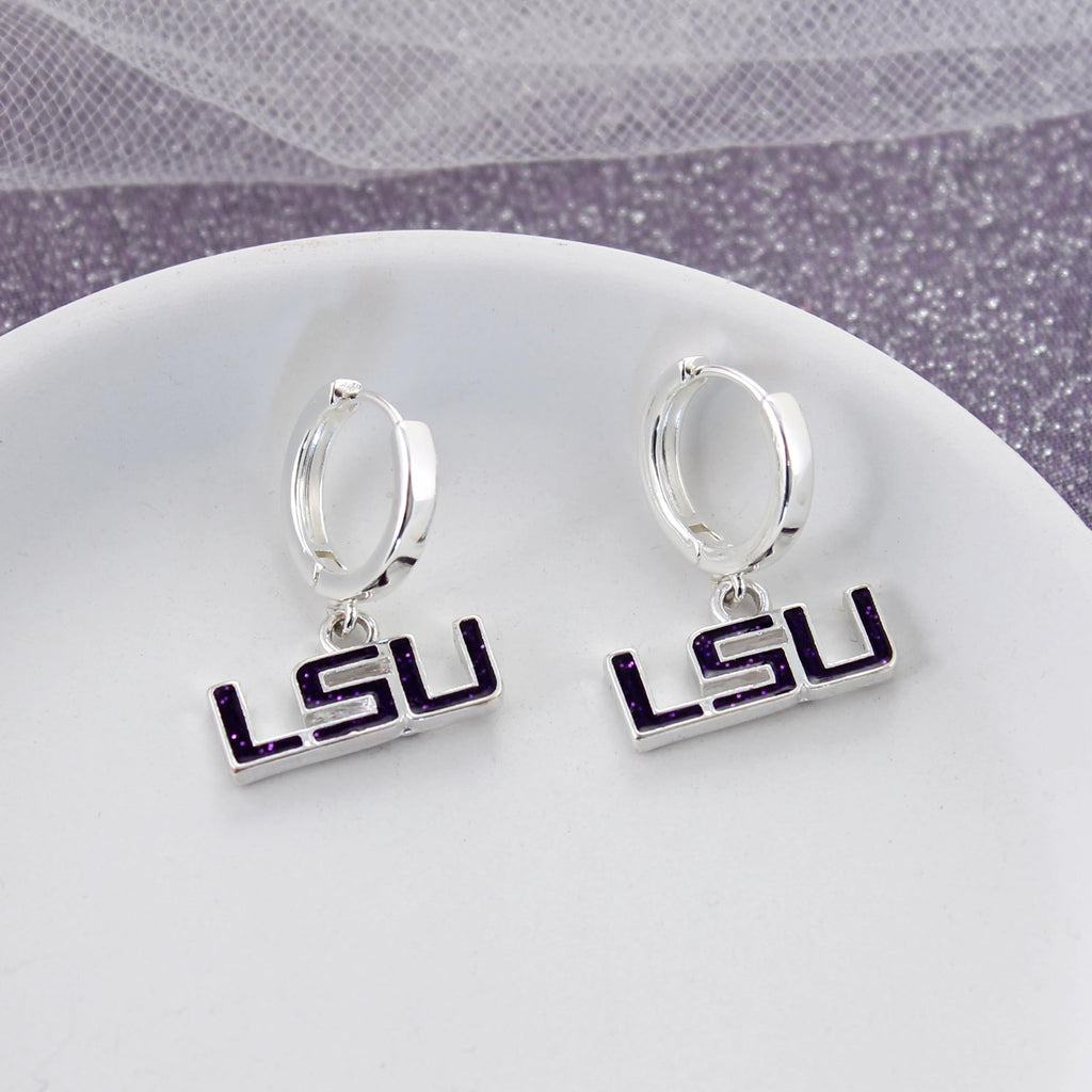 LSU Glitter Enamel Logo Huggie Hoop Earrings