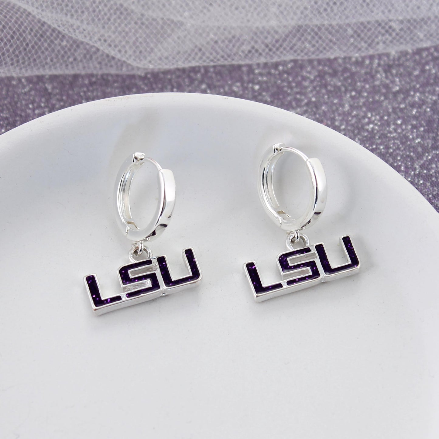LSU Glitter Enamel Logo Huggie Hoop Earrings