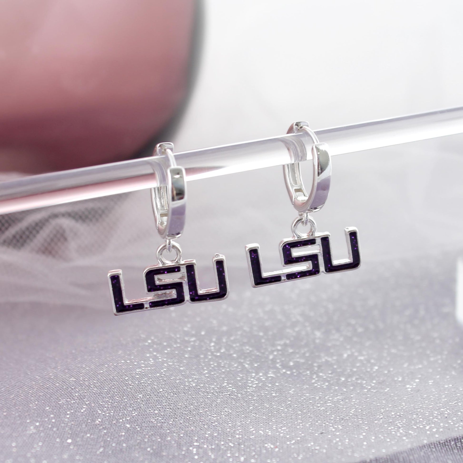 LSU Glitter Enamel Logo Huggie Hoop Earrings