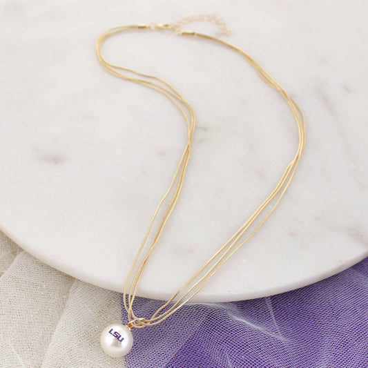 18" LSU Gold & Pearl Logo 3-Strand Necklace