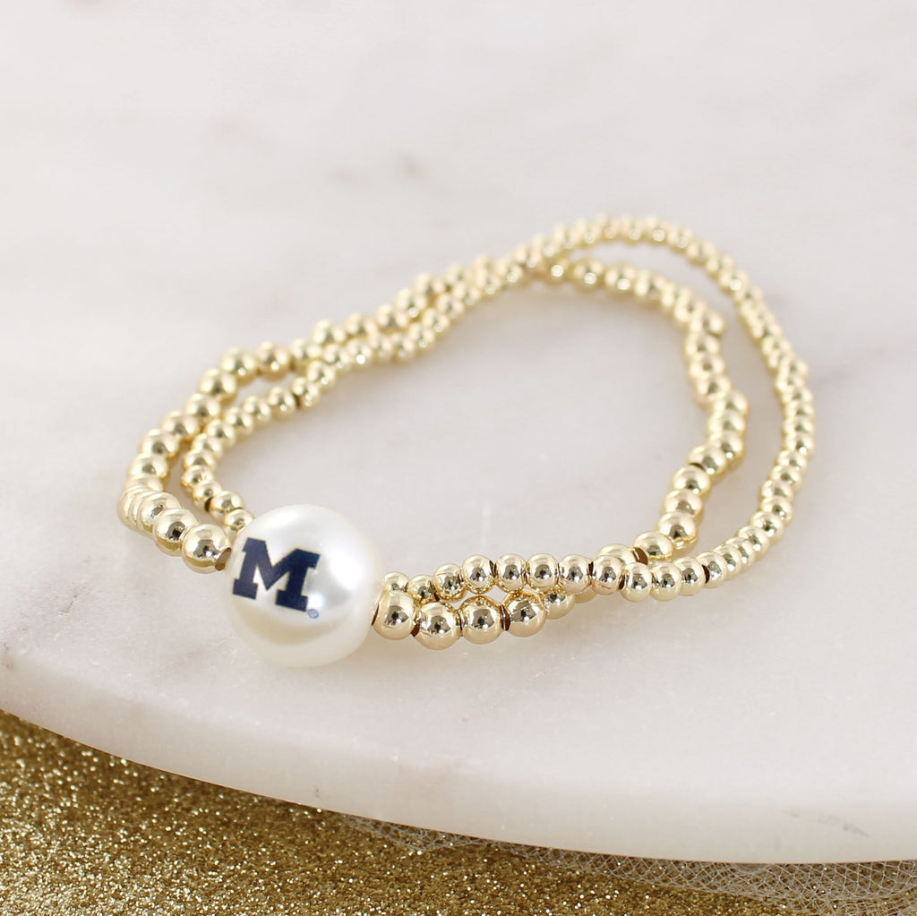 Michigan Gold & Pearl Logo Stretch Bracelet Set