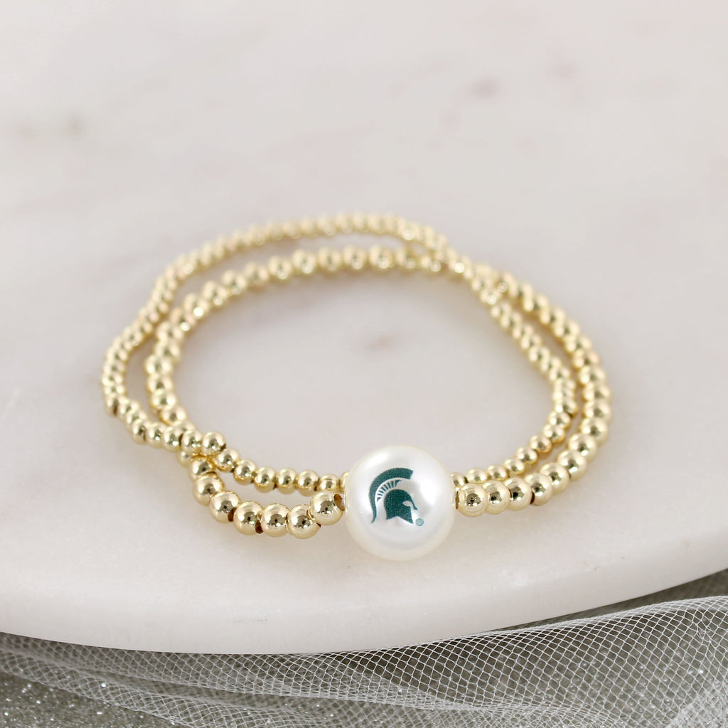 Michigan State Gold & Pearl Logo Stretch Bracelet Set
