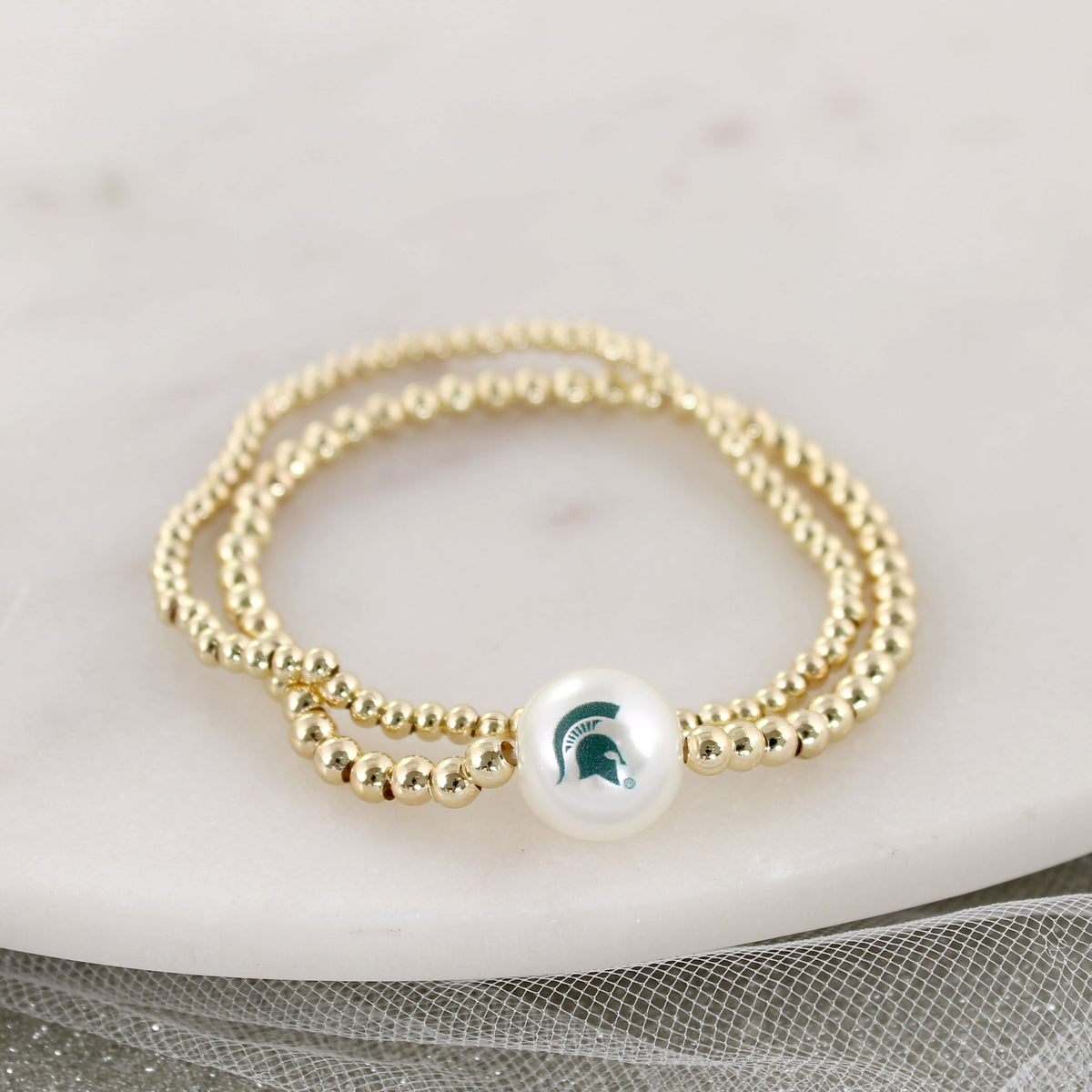 Michigan State Gold & Pearl Logo Stretch Bracelet Set