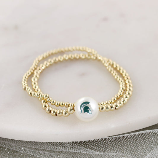 Michigan State Gold & Pearl Logo Stretch Bracelet Set
