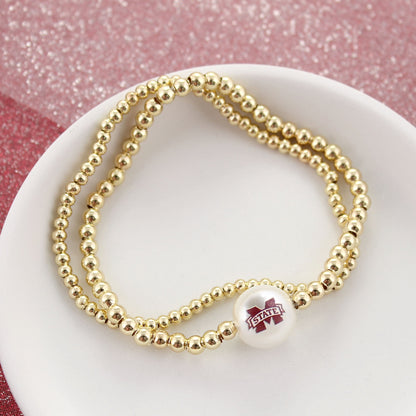 Mississippi State Gold & Pearl Logo Stretch Bracelet Set