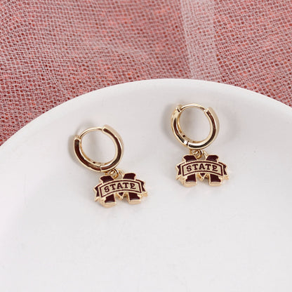 Mississippi State Gold Huggie Hoop Earrings w/Enamel Logo