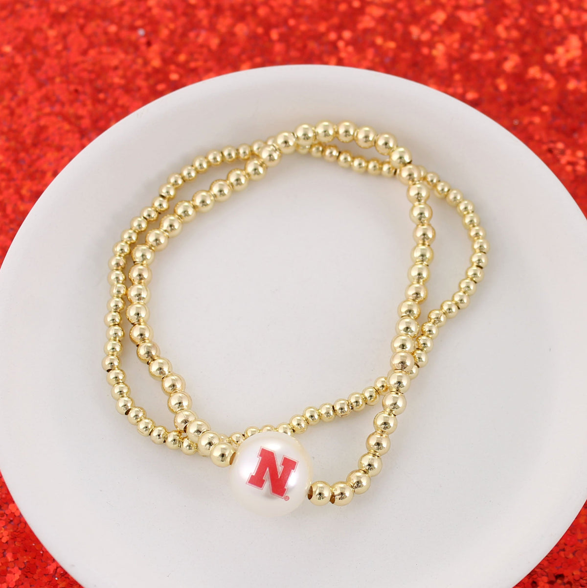 Nebraska Gold & Pearl Logo Stretch Bracelet Set
