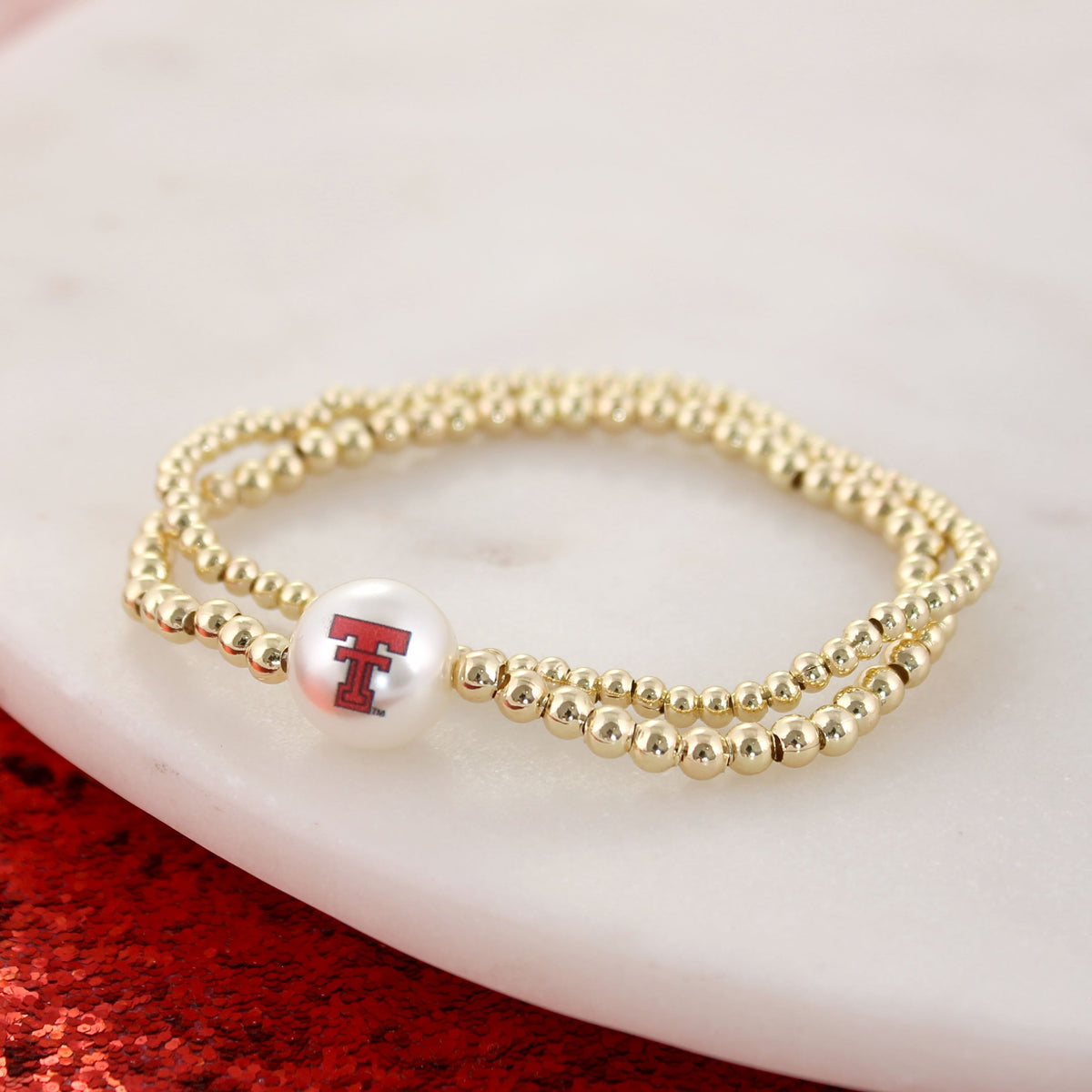 Texas Tech Gold & Pearl Logo Stretch Bracelet Set