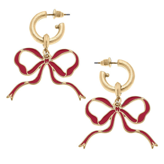 Crimson Huggie Hoop Enamel Bow Earrings - Fan Sparkle