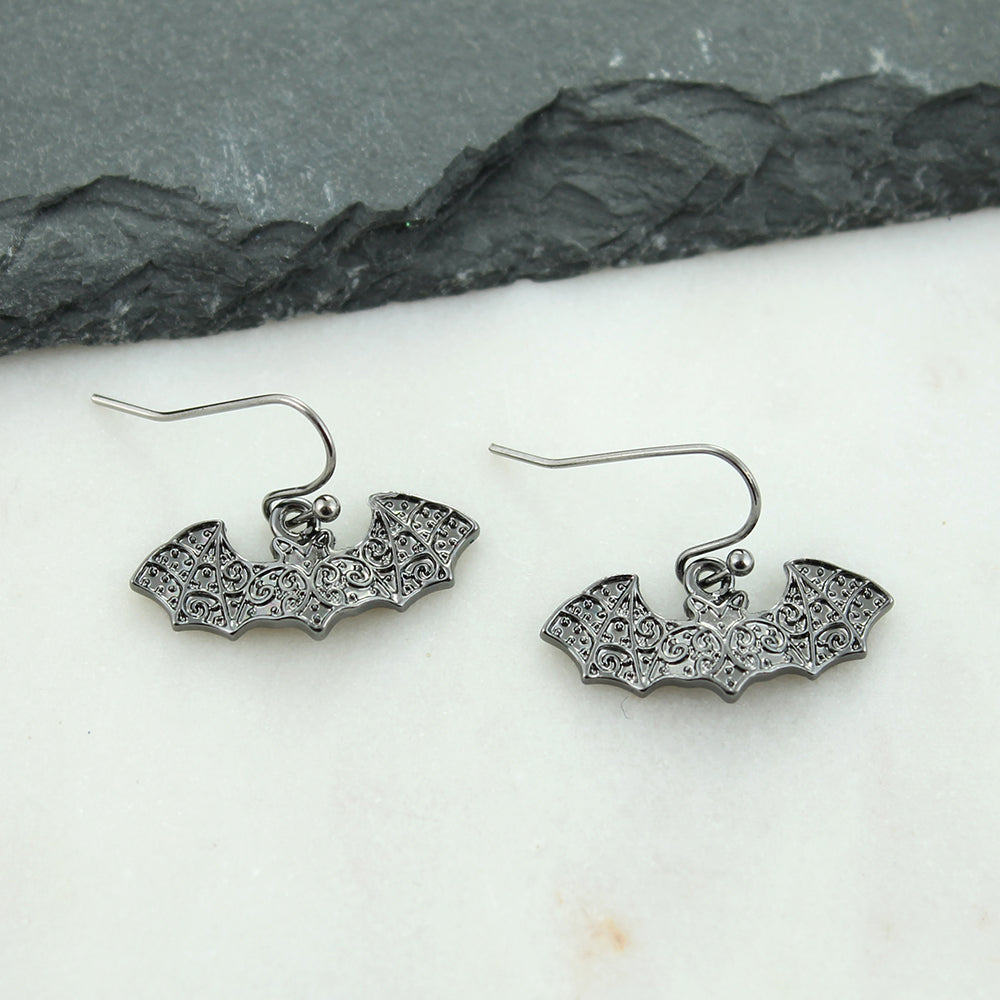 Gunmetal Bat Halloween Earrings