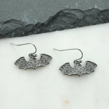 Gunmetal Bat Halloween Earrings