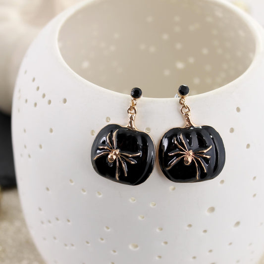 Black Pumpkin w/ Gold Spider Earrings